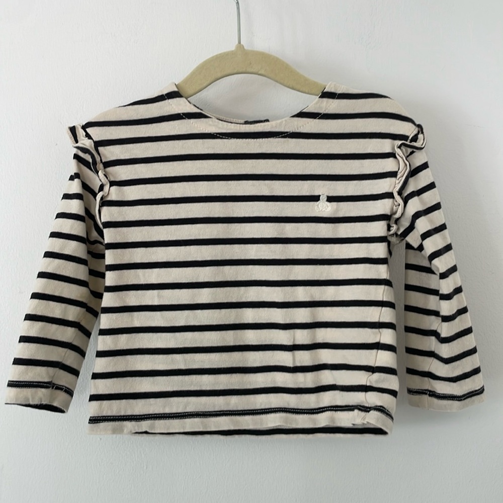 Baby GAP black / cream stripe long sleeve frill shoulder snap neck 18-24 months